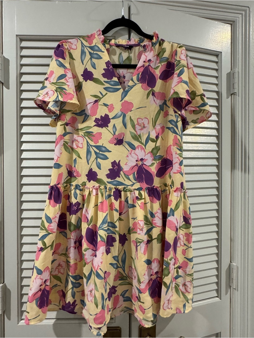 Floral V-Neck Yellow Mini Dress with Pink & Purple Blooms